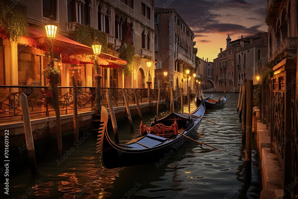 Gondola on the Grand Canal at sunset, Venice, Italy, AI Generated