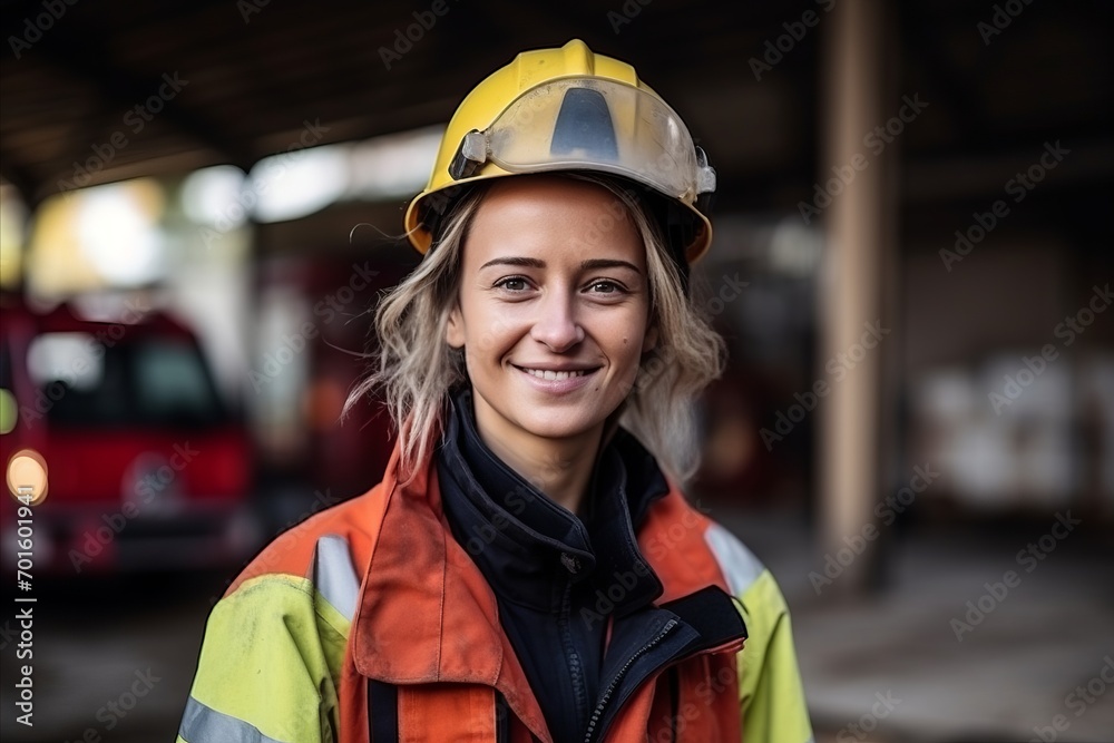 Portrait of a female worker in a warehouse smiling at the camera Portrait of a female worker in a warehouse smiling at the camera