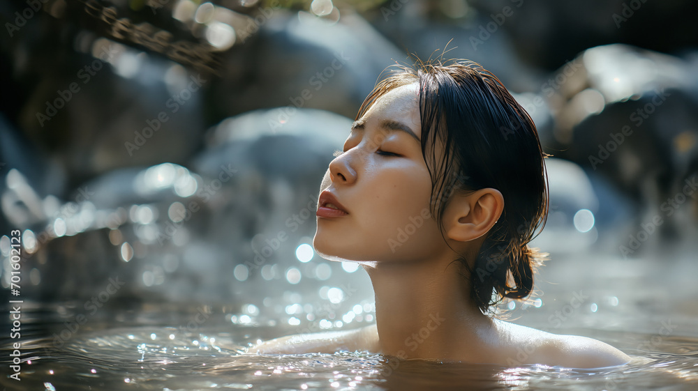 Fototapeta premium Portrait of beautiful Japanese women relaxing in hot spring