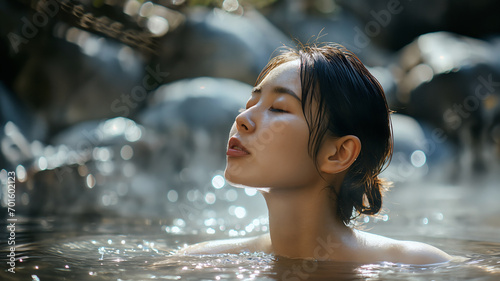 Portrait of beautiful Japanese women relaxing in hot spring