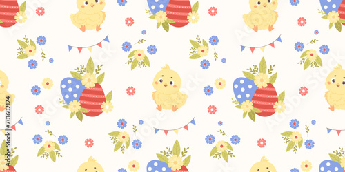 Seamless pattern little chick with Easter egg on white background with flowers. Vector illustration for festive paschal design, wallpaper, packaging, textile. Kids collection.
