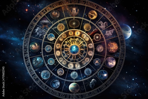Zodiac signs in the Zodiac circle against the background of the starry sky, AI Generated