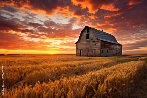 Dramatic sunset over an old barn in a wheat field, AI Generated