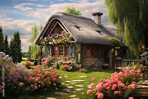 Wooden cottage in the garden with flowers. Digital painting effect, AI Generated photo