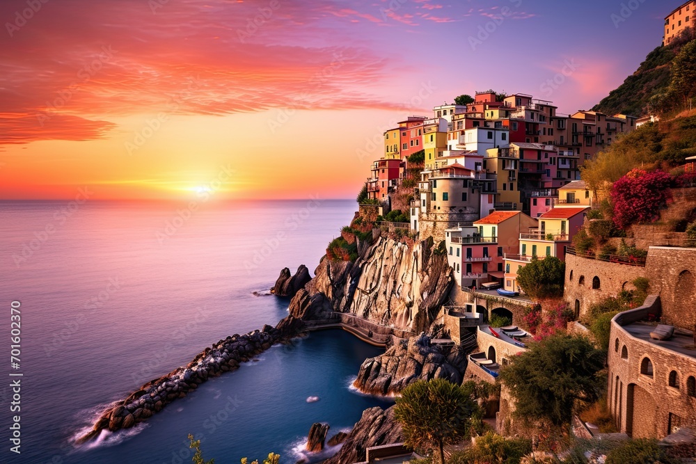Manarola at sunset, Cinque Terre, Italy, AI Generated