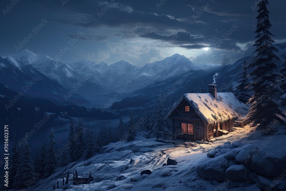 Beautiful winter landscape in the mountains at night with a wooden house, AI Generated