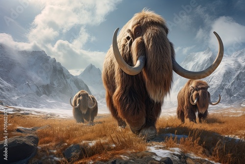 3d render of mammoth in the highlands with mountains in the background, AI Generated photo