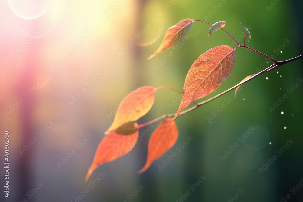 Trio of dew-kissed leaves gently swaying in the morning breeze, a serene dance of nature's beauty