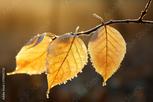 Close-up of three dew-spangled leaves with a blissful backdrop, a tranquil moment in nature's embrace