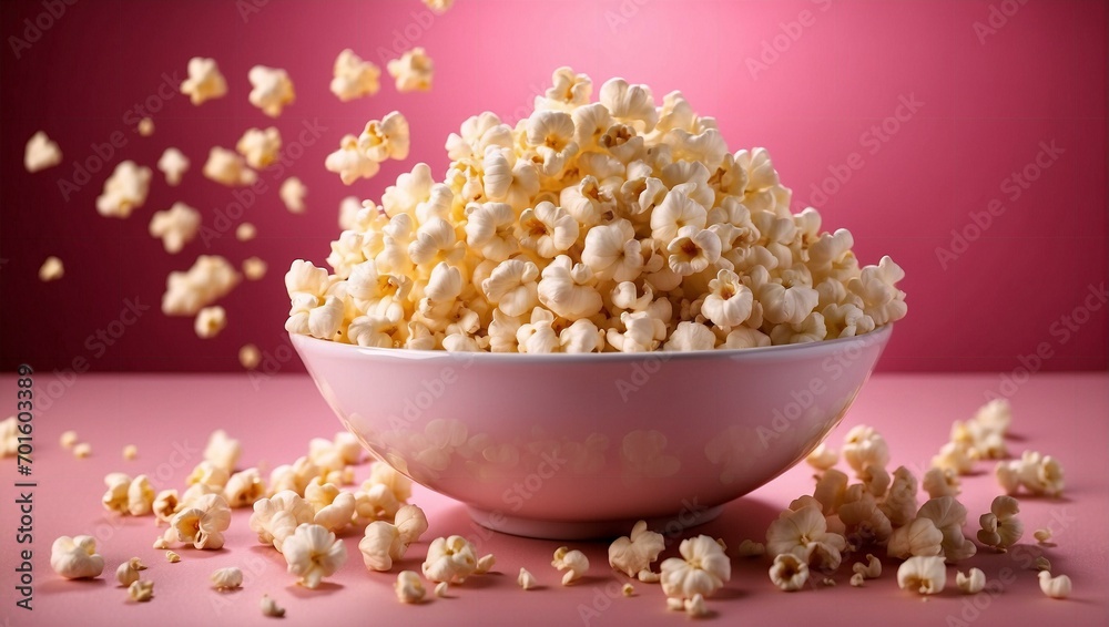 popcorn in a glass bowl on a bright pink background popcorn in a glass bowl on a bright pink background