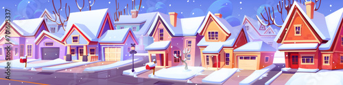 Winter suburban landscape with house in row on street with yards, road and driveway covered with white snow. Cartoon vector snowy town scenery with neighborhood cottages and blue cloudy sky.