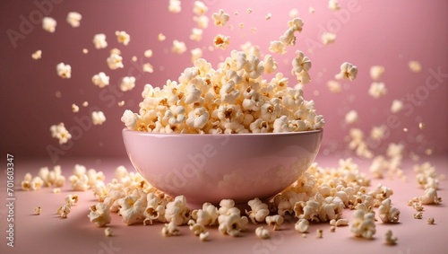  Popcorn in a glass bowl on a pink background