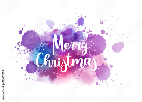 Merry Christmas - handwritten modern calligraphy lettering text on multicolored watercolor paint splash. Holiday illustration.