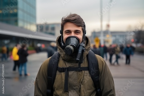 Young man wearing a gas mask to protect himself from the air pollution