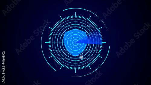 Internet technology cyber security concept of protect and scan computer virus attack with shield icon on digital blue realistic radar with targets on monitor radar