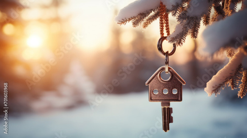 Model House and Key on Background of Christmas Tree - Christmas Wishes Concept