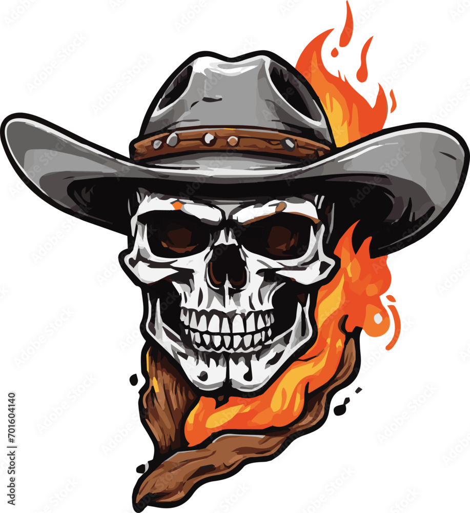 Skull in cowboy hat with red roses on fire. Skull in cowboy hat with red roses on fire.