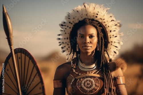 Portrait of beautiful African American woman with native costume and spear.