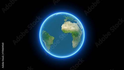 Rotating glowing world and earth illustration on black background.
