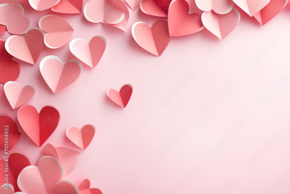 Valentine's Day background with 3D paper hearts on pink. Love and romance.