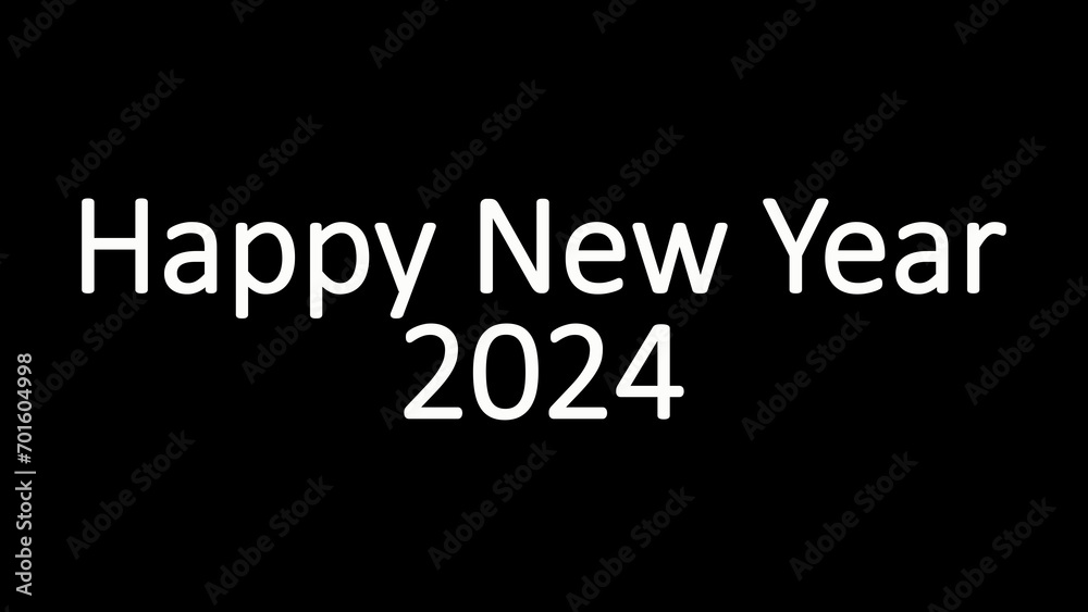 Happy new year celebration 2024 white animated text. Happy New 2024 Year poster and text  on black background.