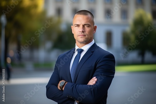 Portrait of a confident mature businessman standing outdoors with his arms crossed © Nerea