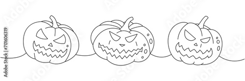 Pumpkins with scary faces. Autumn pumpkins faces one line continuous drawing. Autumn halloween vegetables continuous one line illustration.