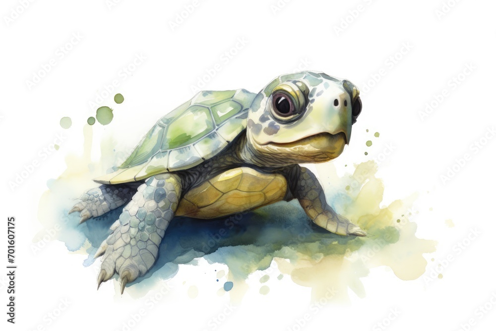 Obraz premium Cute watercolor painting of a baby turtle, its tiny form captured with delicate brushstrokes on a simple, white canvas.