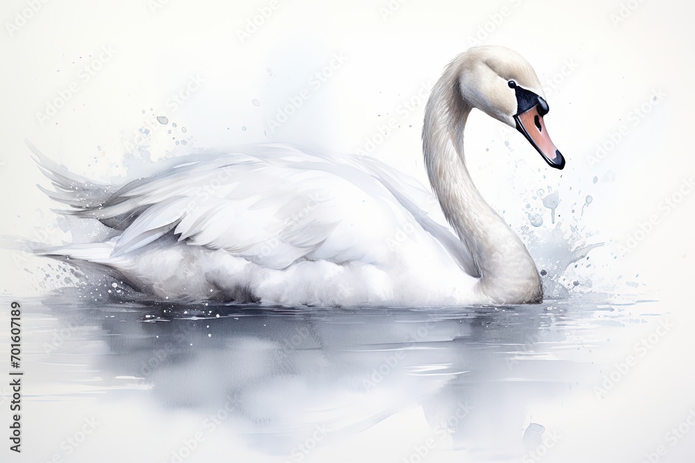 Fototapeta premium Watercolor painting of a graceful swan, its elegant form captured with soft brushstrokes against a pristine white backdrop.