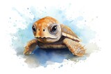 Cute watercolor painting of a baby turtle, its tiny form captured with delicate brushstrokes on a simple, white canvas.
