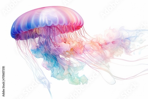 Watercolor illustration of a floating jellyfish on a clean white backdrop.