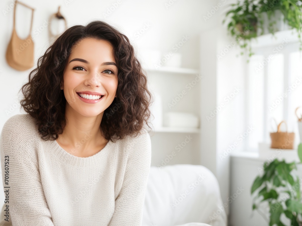 Cheerful Woman with Mid-Length Brown Wavy Hair Smiling Brightly Cheerful Woman with Mid-Length Brown Wavy Hair Smiling Brightly
