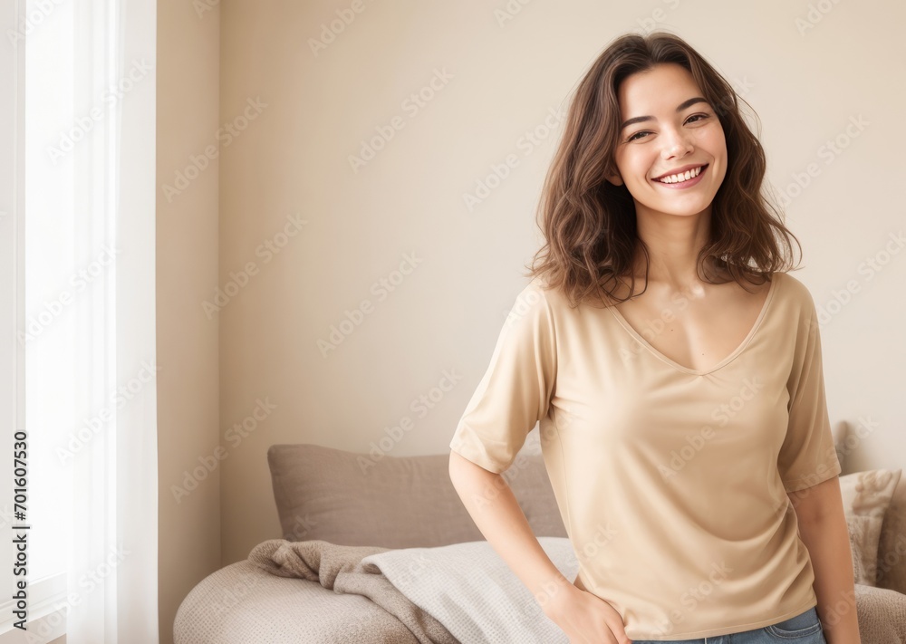 Cheerful Woman with Mid-Length Brown Wavy Hair Smiling Brightly Cheerful Woman with Mid-Length Brown Wavy Hair Smiling Brightly