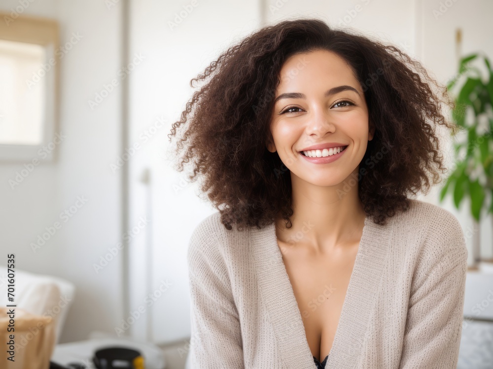 Cheerful Woman with Mid-Length Brown Wavy Hair Smiling Brightly Cheerful Woman with Mid-Length Brown Wavy Hair Smiling Brightly