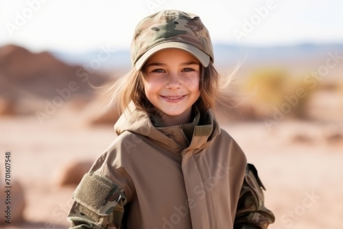 Portrait of a beautiful little girl in the desert wearing camouflage jacket © Nerea