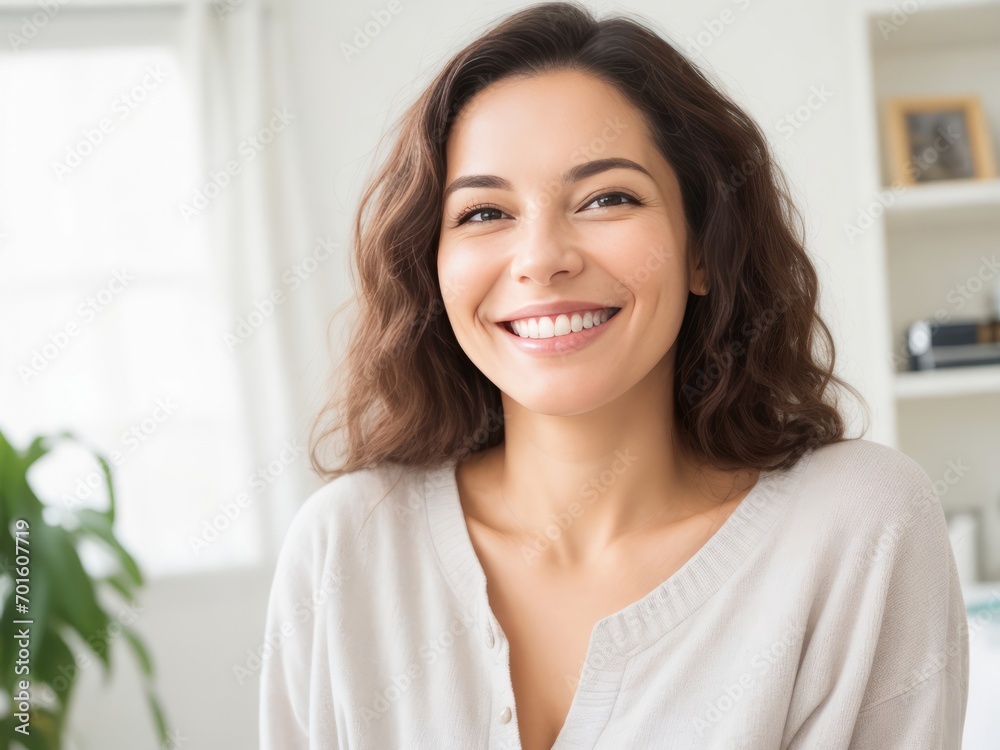 Radiant Portrait of a Cheerful Woman with Long Brown Wavy Hair Smiling Brightly Radiant Portrait of a Cheerful Woman with Long Brown Wavy Hair Smiling Brightly