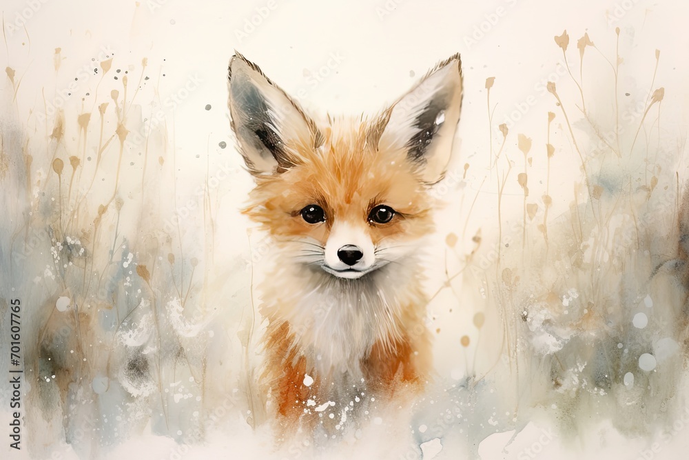 Watercolor painting of a curious fox against a backdrop of pure white.