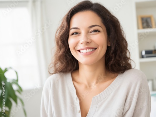 Radiant Portrait of a Cheerful Woman with Long Brown Wavy Hair Smiling Brightly