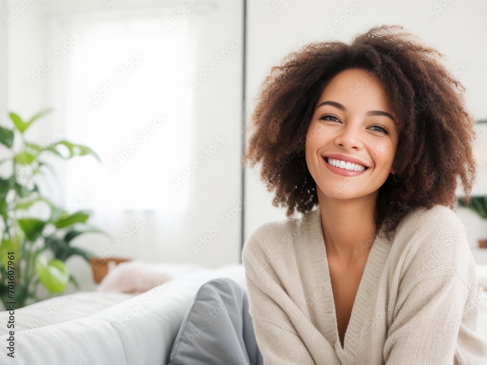Cheerful Woman with Mid-Length Brown Wavy Hair Smiling Brightly Cheerful Woman with Mid-Length Brown Wavy Hair Smiling Brightly