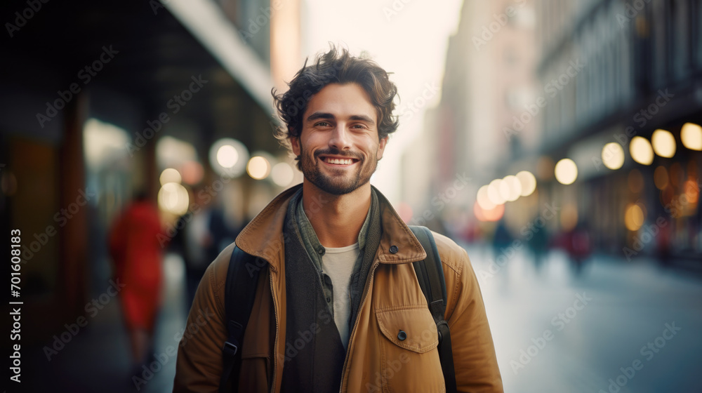 Portrait of a attractive smiling man with backpack on the busy city street	 - obrazy, fototapety, plakaty 