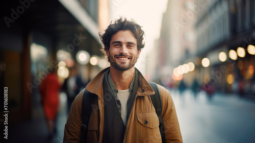 Portrait of a attractive smiling man with backpack on the busy city street	 photo