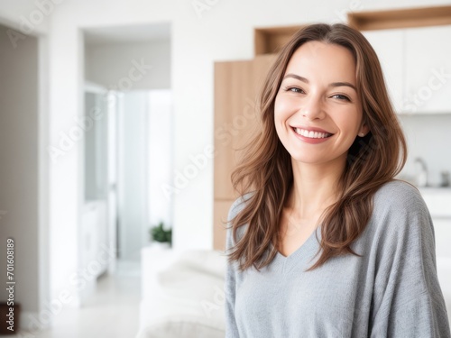 a Happy Woman with Long Wavy Brown Hair Smiling