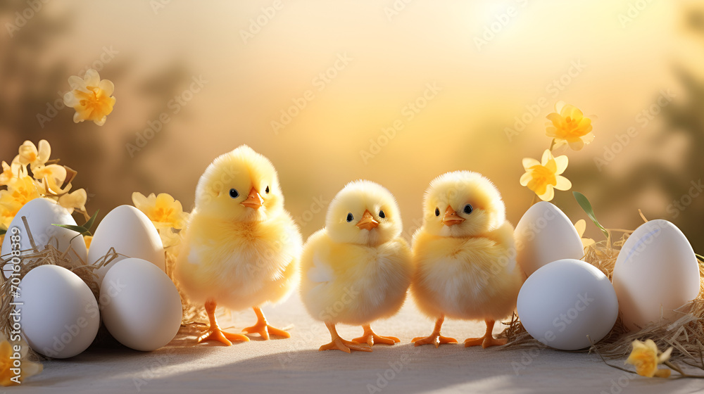 Nurturing Nature's Beauty: Witnessing the Endearing Connection Between Fluffy Yellow Newborn Chicks and Ducklings in a Rustic Farm Setting generative AI