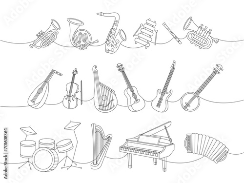 Musical instruments set. Tuba, trumpet, french horn, saxophone, xylophone, flute, lute, violin, bandura, acoustic guitar, american banjo, drum kit.
