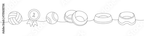 Set of pet supplies. Dog ball toy, first place medal, tennis ball, pet bowl, dog bowl continuous one line illustration. Vector linear illustration.