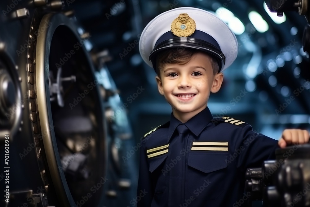 Portrait of a cute little boy in captain's cap and uniform
