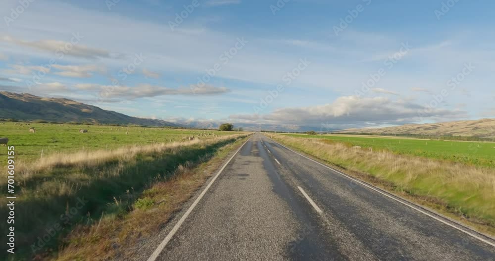Vehicle Driving On The Two-Lane Highway And Passes Through Countryside In Otago, New Zealand. - POV Vehicle Driving On The Two-Lane Highway And Passes Through Countryside In Otago, New Zealand. - POV
