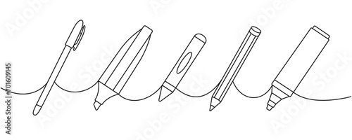 School supplies set. Back to school one line continuous drawing. Marker pens, pencils, chalk pencil, crayons continuous one line illustration.