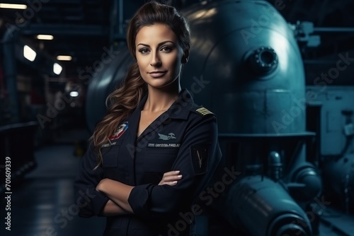 Portrait of a beautiful female pilot in uniform. Shot in a factory.