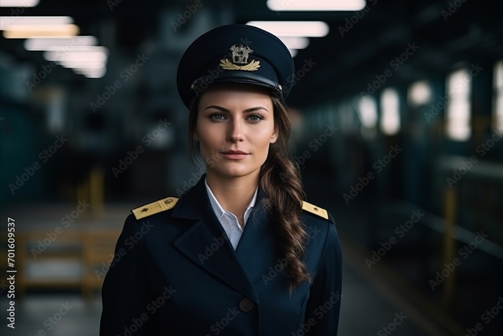 Portrait of a beautiful stewardess in uniform at train station